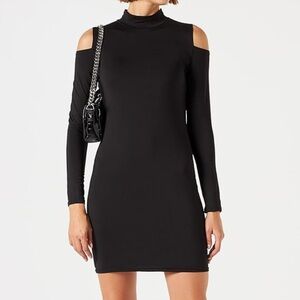 Express Black Ribbed Mini Dress Cut Out Long Sleeve Mock Neck Medium